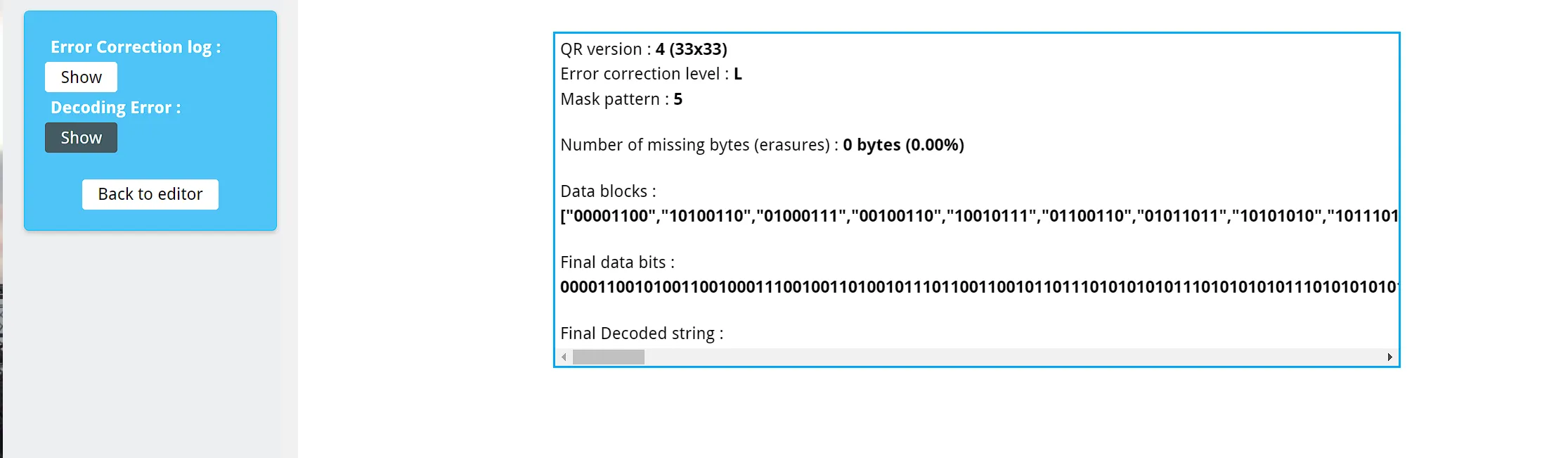 Extracted bits from extract QR information tool
