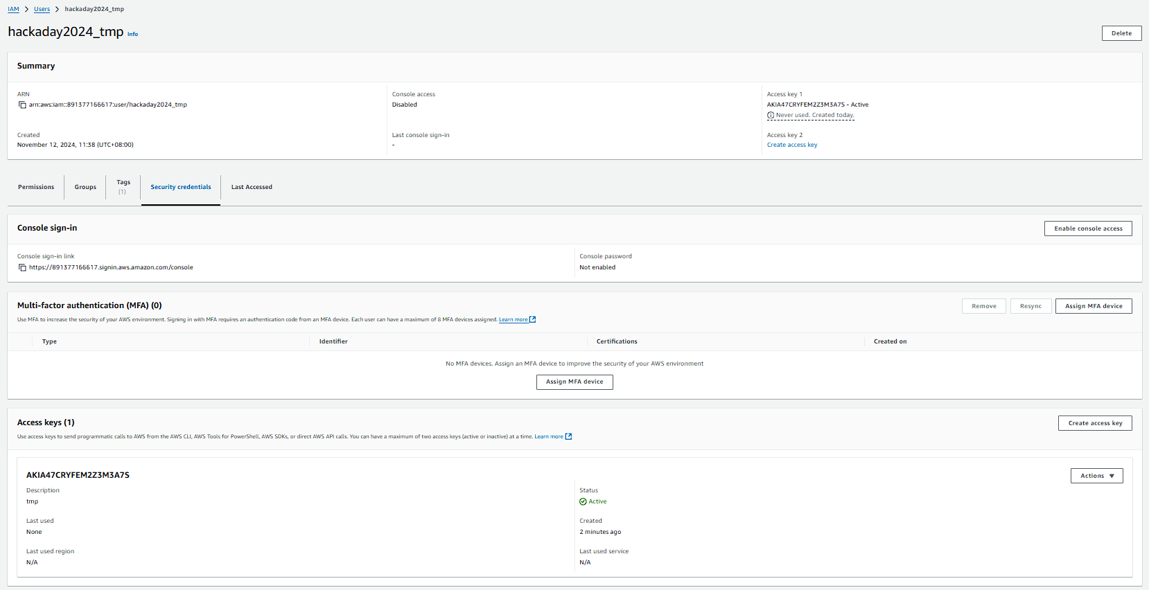 AWS user with credentials